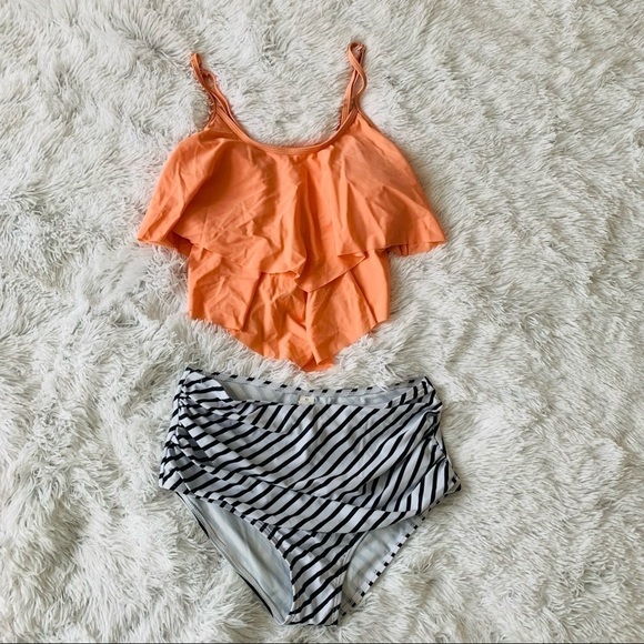 Nwot Coral Orange Mid Waist Bikini Ruffle Spaghetti Strap Top - Picture 3 of 14